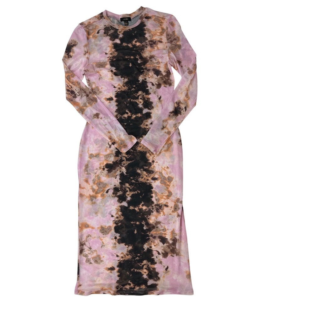 AFRM Shereen Mesh Midi Dress Pink Brown Tie Dye Long Sleeve Small